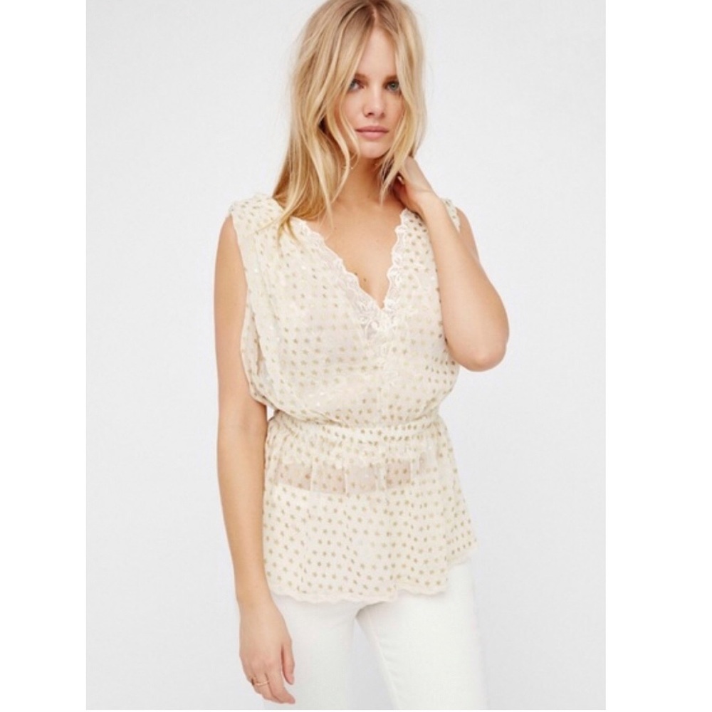 Free People 🌟 Stardust Ivory & Gold Star Lace Top